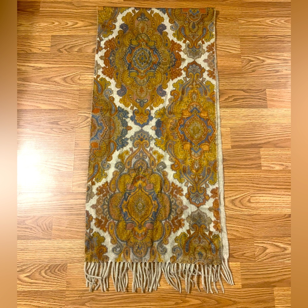 Cashmere Tapestry Beige Reversible Scarf Fringe Orange Made in Italy